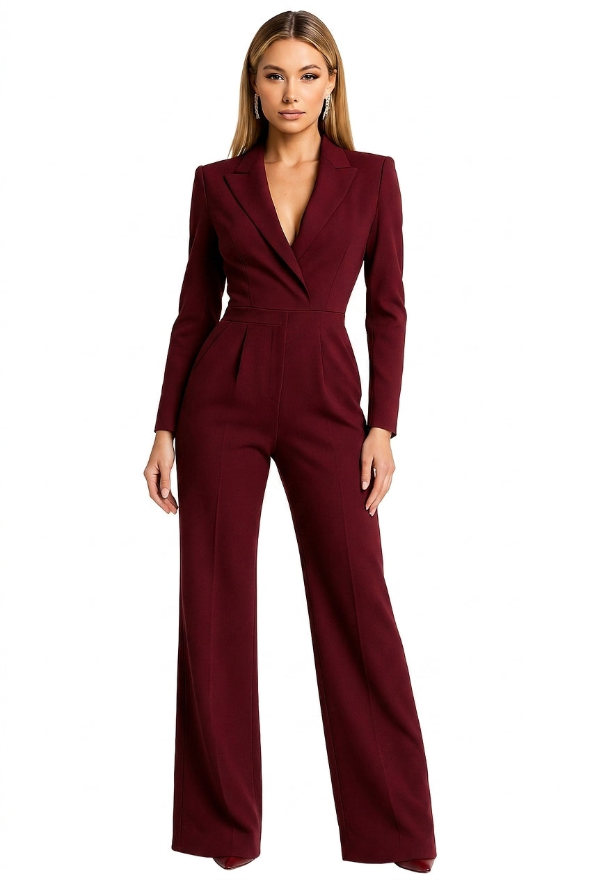 Mujer Mono de manga larga con cuello en V y pernera ancha-Jumpsuits for women-Casaluzia