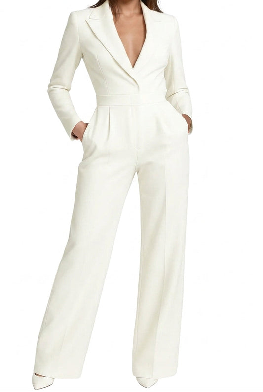Mujer Mono de manga larga con cuello en V y pernera ancha-Jumpsuits for women-Casaluzia