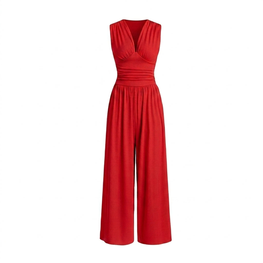 Mujer Mono sin mangas con cuello en V y pernera ancha-Jumpsuits for women-Casaluzia