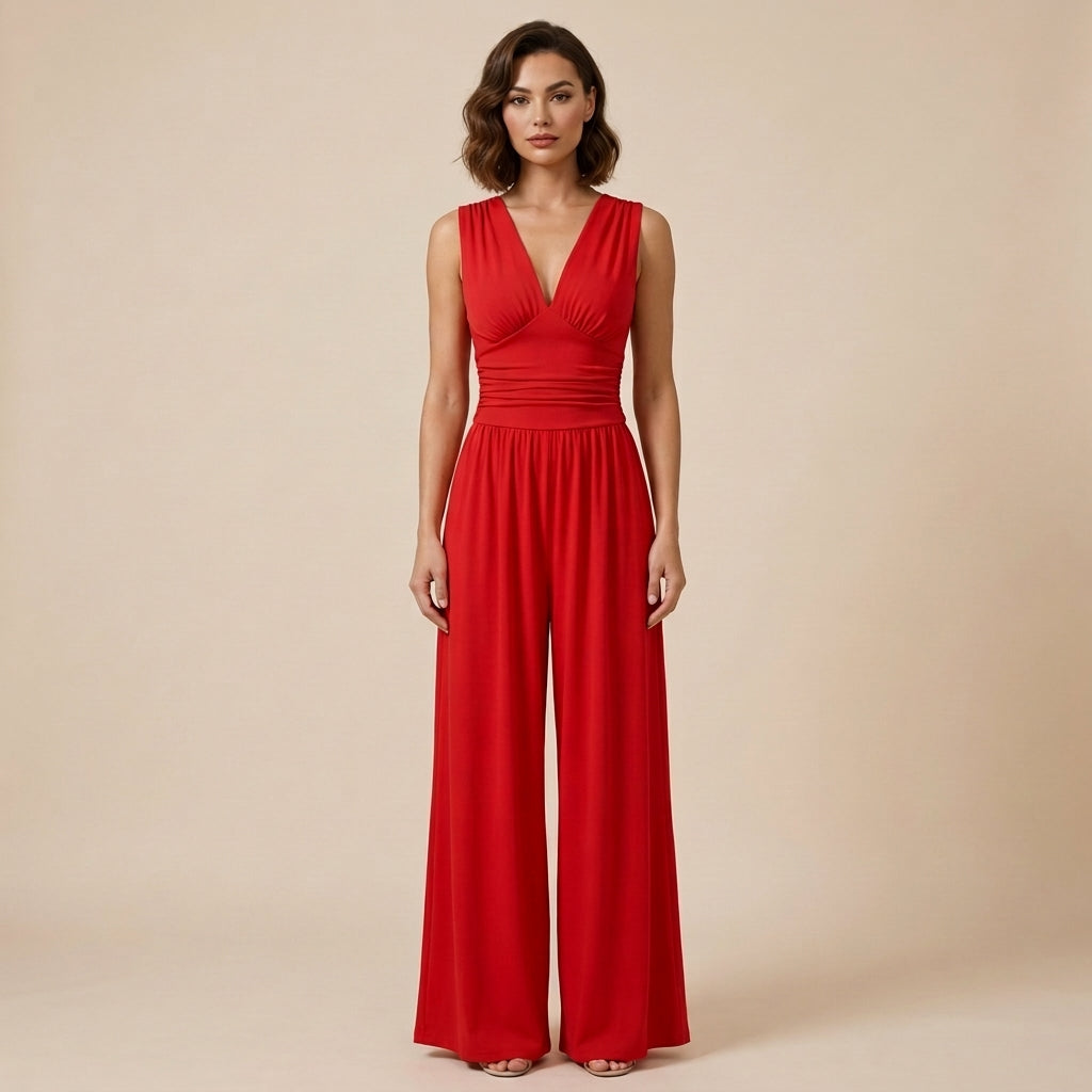 Mujer Mono sin mangas con cuello en V y pernera ancha-Jumpsuits for women-Casaluzia