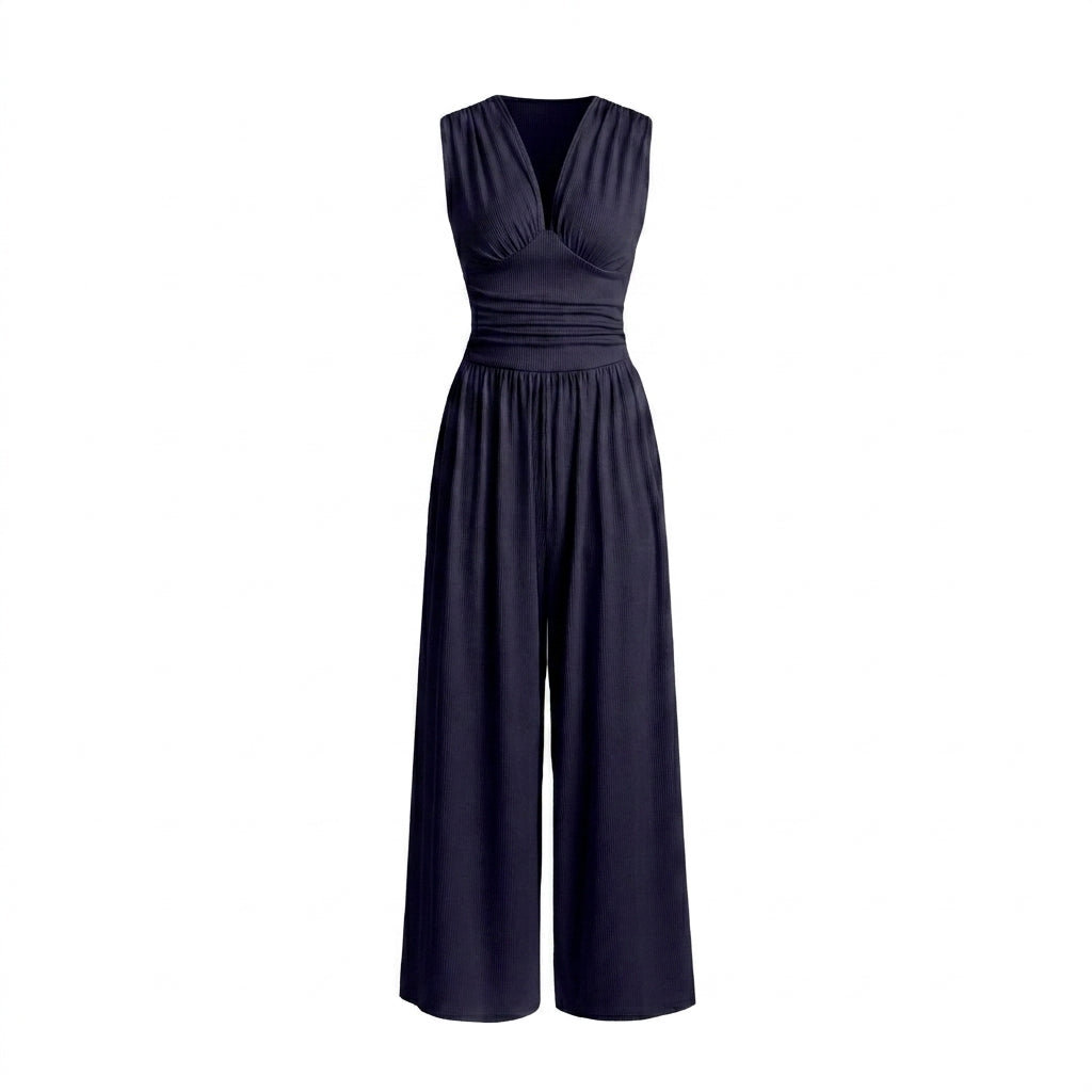 Mujer Mono sin mangas con cuello en V y pernera ancha-Jumpsuits for women-Casaluzia