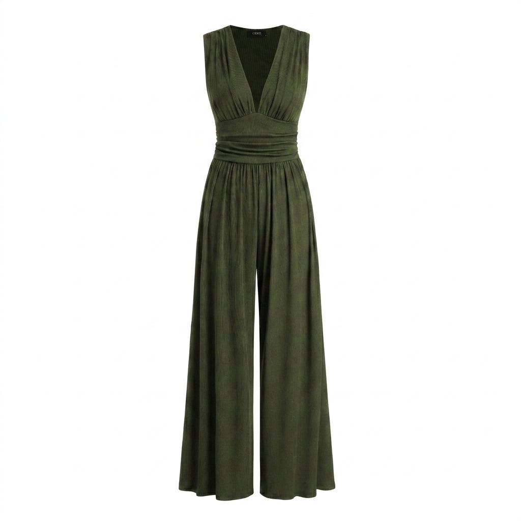Mujer Mono sin mangas con cuello en V y pernera ancha-Jumpsuits for women-Casaluzia