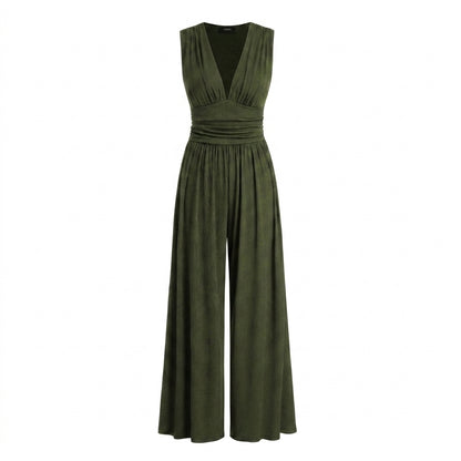 Mujer Mono sin mangas con cuello en V y pernera ancha-Jumpsuits for women-Casaluzia