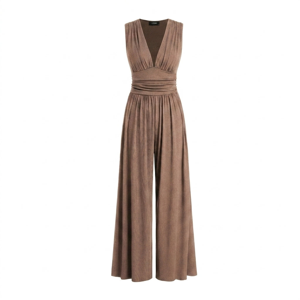 Mujer Mono sin mangas con cuello en V y pernera ancha-Jumpsuits for women-Casaluzia