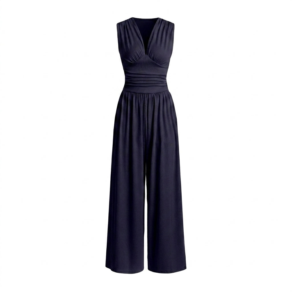 Mujer Mono sin mangas con cuello en V y pernera ancha-Jumpsuits for women-Casaluzia