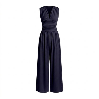 Mujer Mono sin mangas con cuello en V y pernera ancha-Jumpsuits for women-Casaluzia