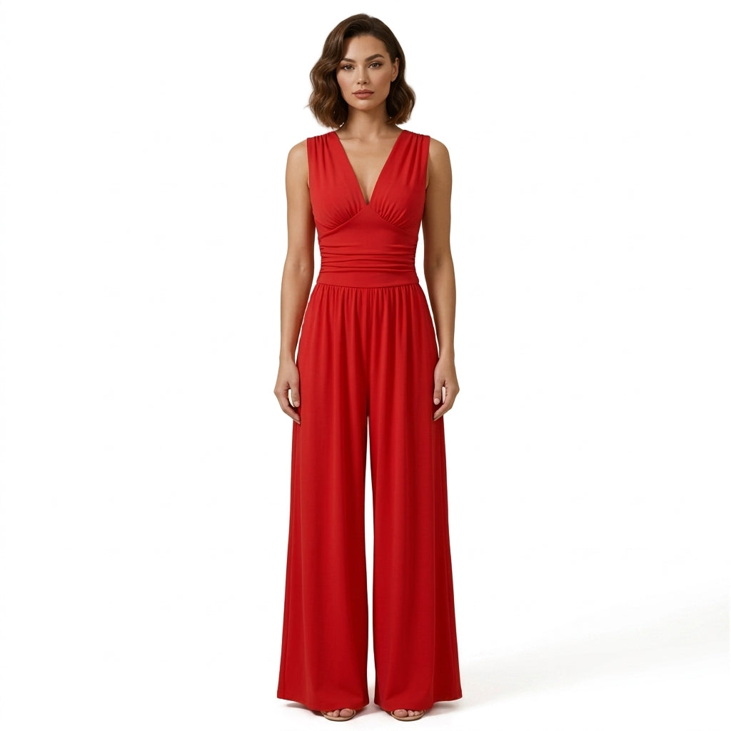 Mujer Mono sin mangas con cuello en V y pernera ancha-Jumpsuits for women-Casaluzia