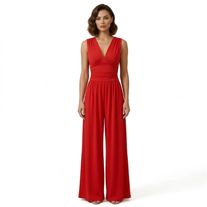 Mujer Mono sin mangas con cuello en V y pernera ancha-Jumpsuits for women-Casaluzia