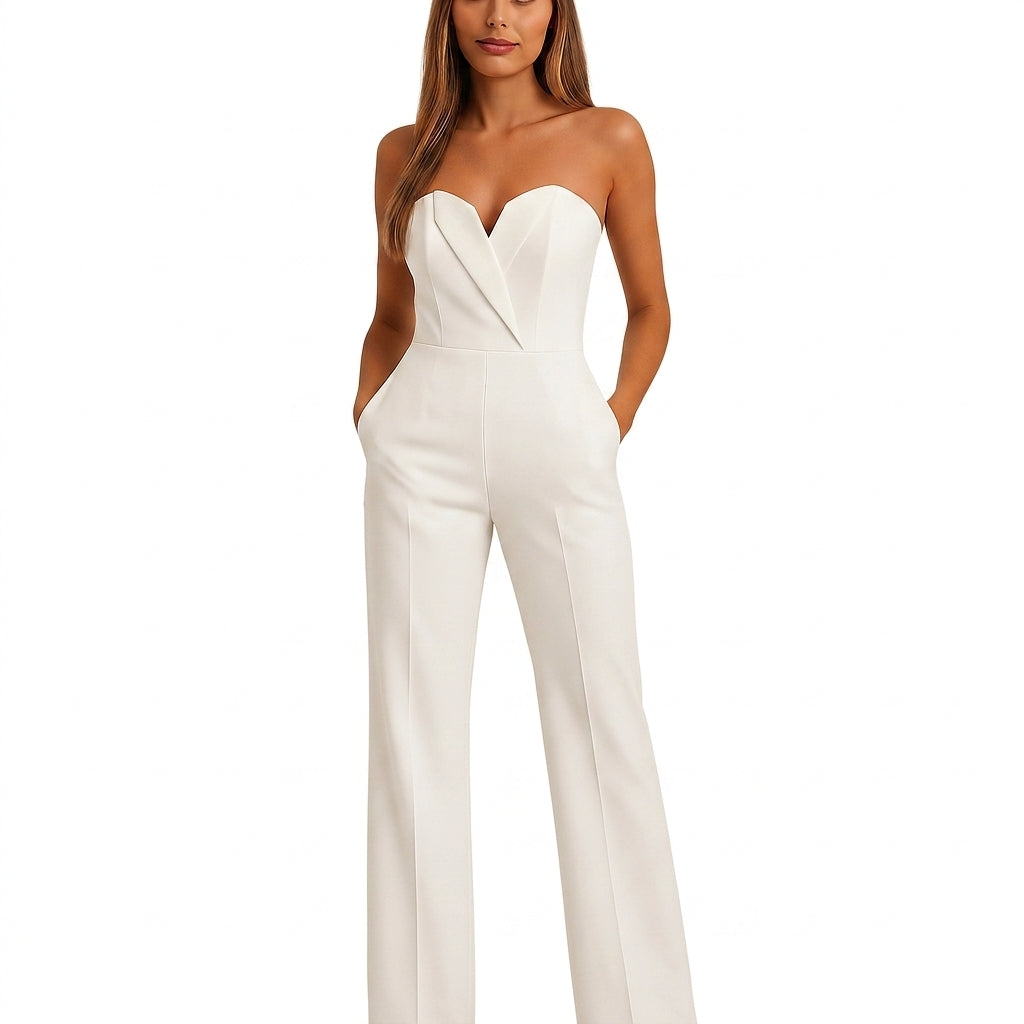 Mujer Mono sin tirantes con escote en V y pernera ancha-Jumpsuits for women-Casaluzia