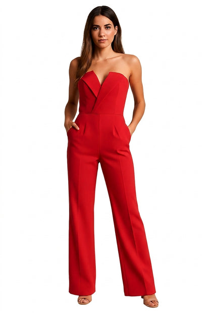 Mujer Mono sin tirantes con escote en V y pernera ancha-Jumpsuits for women-Casaluzia