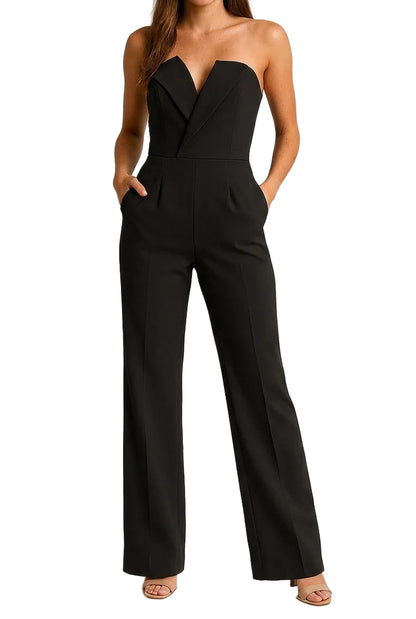 Mujer Mono sin tirantes con escote en V y pernera ancha-Jumpsuits for women-Casaluzia