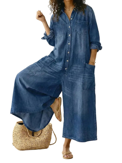 Mujer Mono vaquero con botonadura frontal, cuello y pierna ancha-Jumpsuits for women-Casaluzia