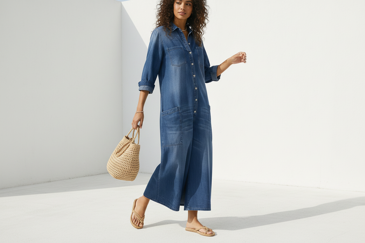 Mujer Mono vaquero con botonadura frontal, cuello y pierna ancha-Jumpsuits for women-Casaluzia