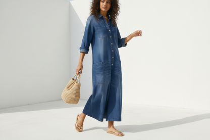 Mujer Mono vaquero con botonadura frontal, cuello y pierna ancha-Jumpsuits for women-Casaluzia