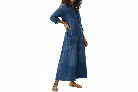 Mujer Mono vaquero con botonadura frontal, cuello y pierna ancha-Jumpsuits for women-Casaluzia