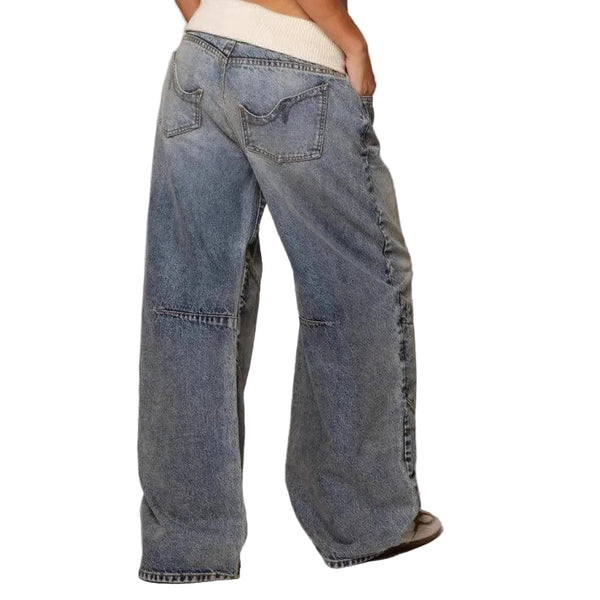 Mujer pantalón vaquero de pierna ancha con diseño de paneles y cintura elástica-Pants for women-Casaluzia