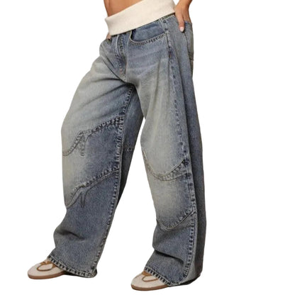 Mujer pantalón vaquero de pierna ancha con diseño de paneles y cintura elástica-Pants for women-Casaluzia