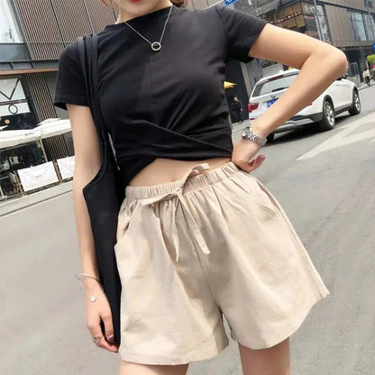 Mujer Pantalones cortos con cintura elástica y cordón ajustable-Shorts for women-Casaluzia