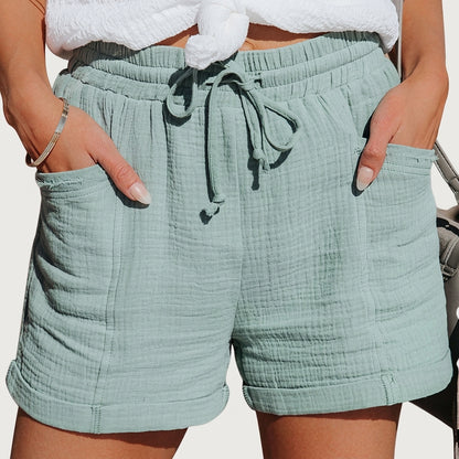 Mujer Pantalones Cortos con Cintura Elástica y Cordón y Bolsillos Frontales y Dobladillo Vuelto-Shorts for women-Casaluzia