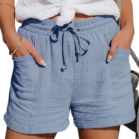 Mujer Pantalones Cortos con Cintura Elástica y Cordón y Bolsillos Frontales y Dobladillo Vuelto-Shorts for women-Casaluzia