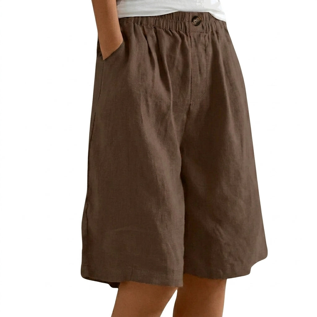 Mujer Pantalones Cortos con Cintura Elástica y Pernera Ancha y Botón-Shorts for women-Casaluzia
