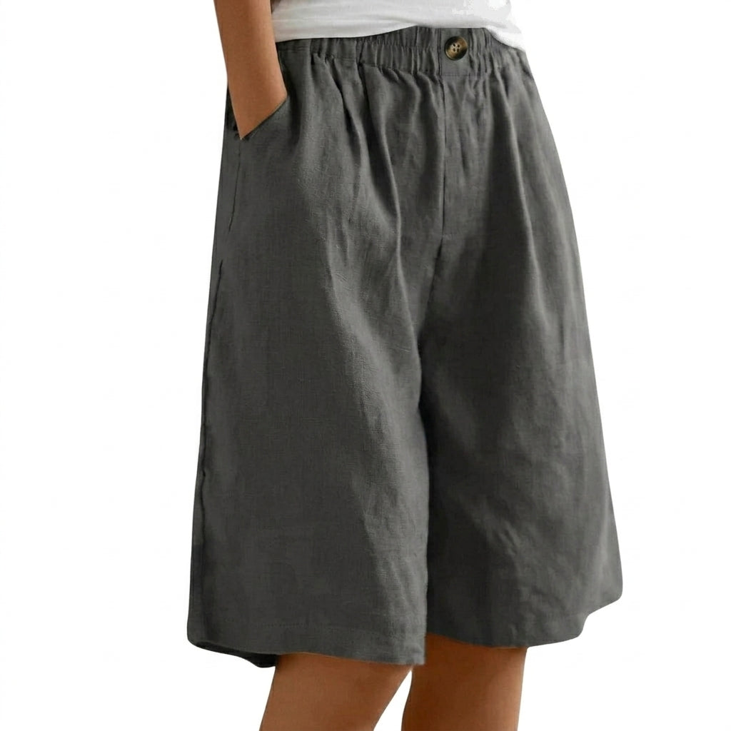 Mujer Pantalones Cortos con Cintura Elástica y Pernera Ancha y Botón-Shorts for women-Casaluzia