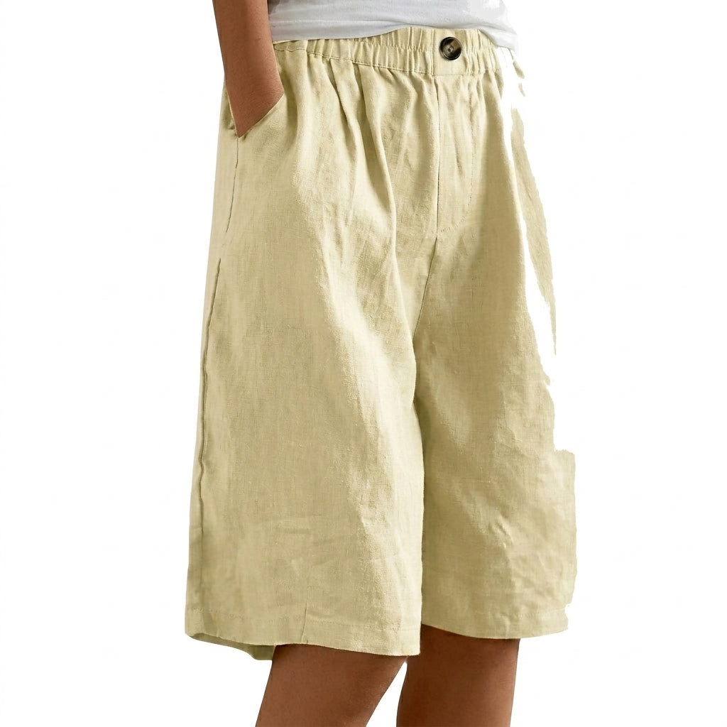 Mujer Pantalones Cortos con Cintura Elástica y Pernera Ancha y Botón-Shorts for women-Casaluzia