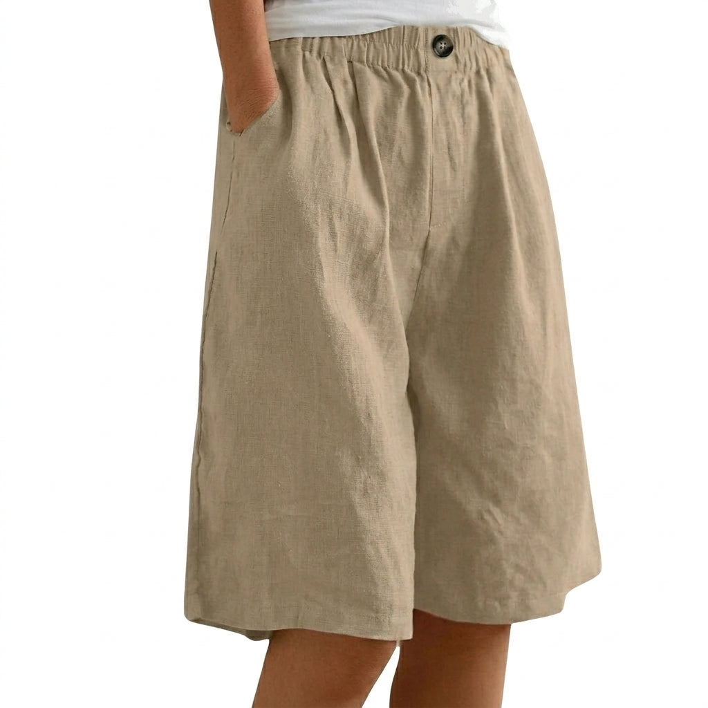 Mujer Pantalones Cortos con Cintura Elástica y Pernera Ancha y Botón-Shorts for women-Casaluzia