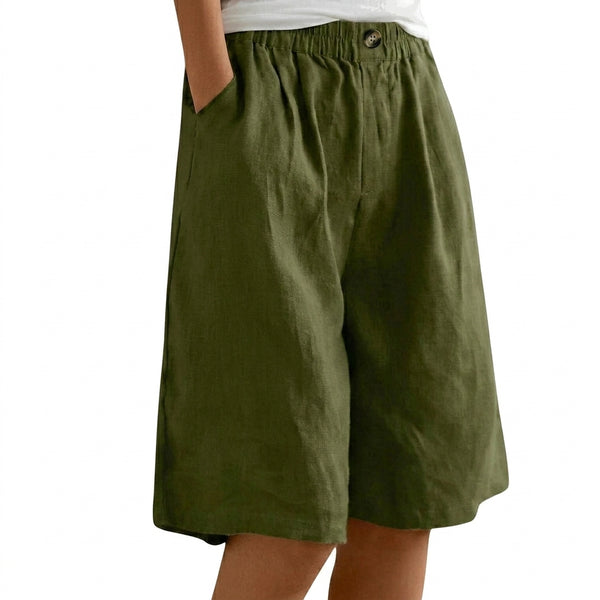 Mujer Pantalones Cortos con Cintura Elástica y Pernera Ancha y Botón
