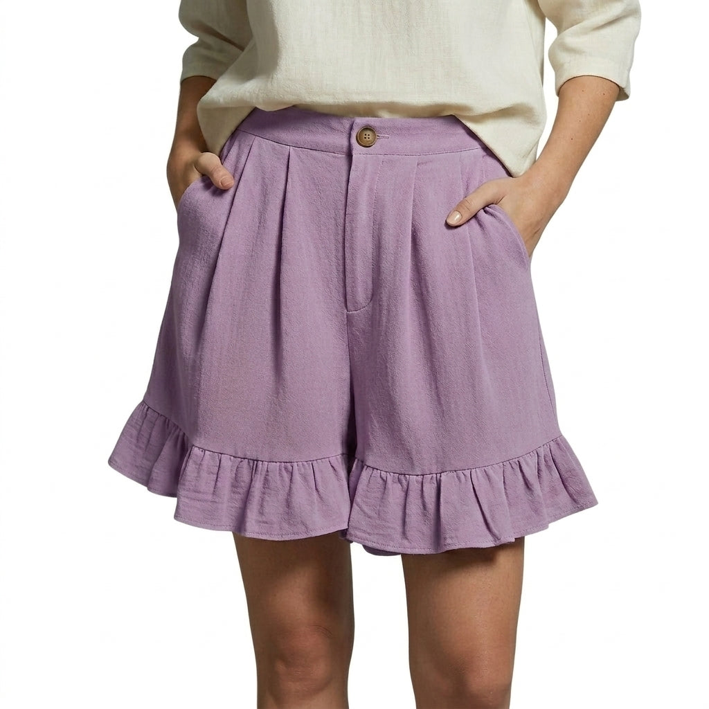 Mujer Pantalones Cortos de Talle Alto con Pliegues y Bajo con Volante-Shorts for women-Casaluzia