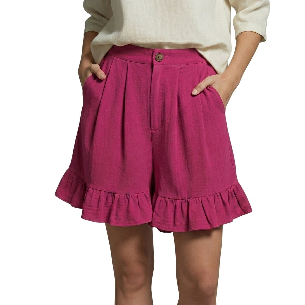Mujer Pantalones Cortos de Talle Alto con Pliegues y Bajo con Volante-Shorts for women-Casaluzia