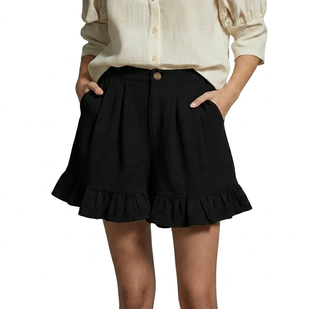 Mujer Pantalones Cortos de Talle Alto con Pliegues y Bajo con Volante-Shorts for women-Casaluzia
