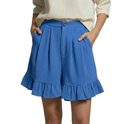 Mujer Pantalones Cortos de Talle Alto con Pliegues y Bajo con Volante-Shorts for women-Casaluzia