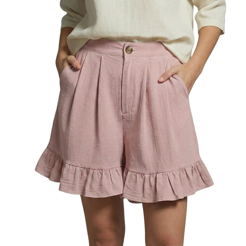 Mujer Pantalones Cortos de Talle Alto con Pliegues y Bajo con Volante-Shorts for women-Casaluzia