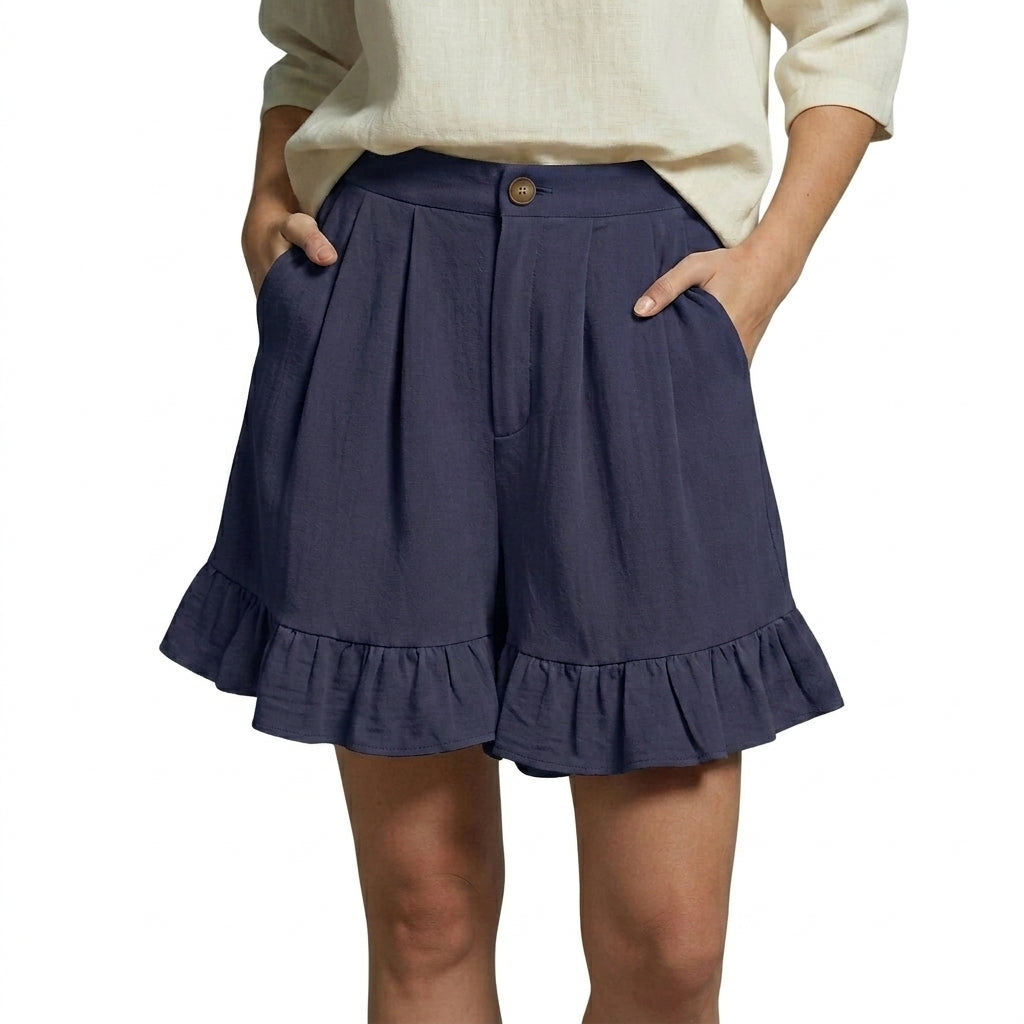 Mujer Pantalones Cortos de Talle Alto con Pliegues y Bajo con Volante-Shorts for women-Casaluzia