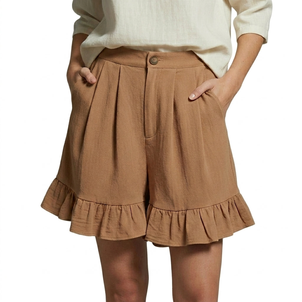 Mujer Pantalones Cortos de Talle Alto con Pliegues y Bajo con Volante-Shorts for women-Casaluzia