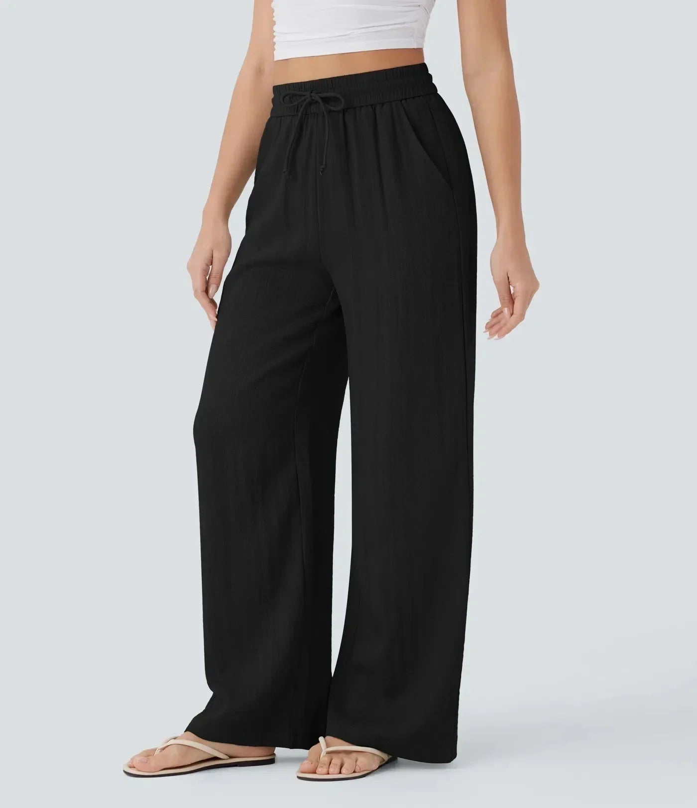Mujer Pantalones de Pierna Ancha con Cordón y Acabado Texturizado-Pants for Women-Casaluzia