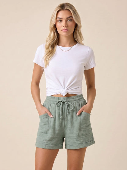 Mujer Shorts con Cintura de Cordón y Bolsillos de Parche-Shorts for women-Casaluzia