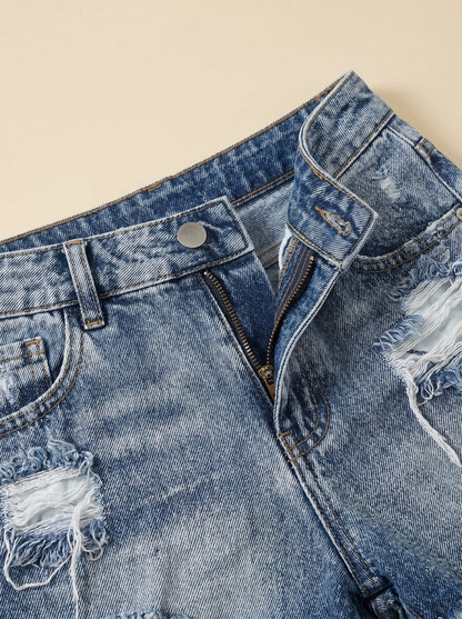 Mujer Shorts de Denim de Talle Alto con Detalles Desgastados-Shorts for women-Casaluzia