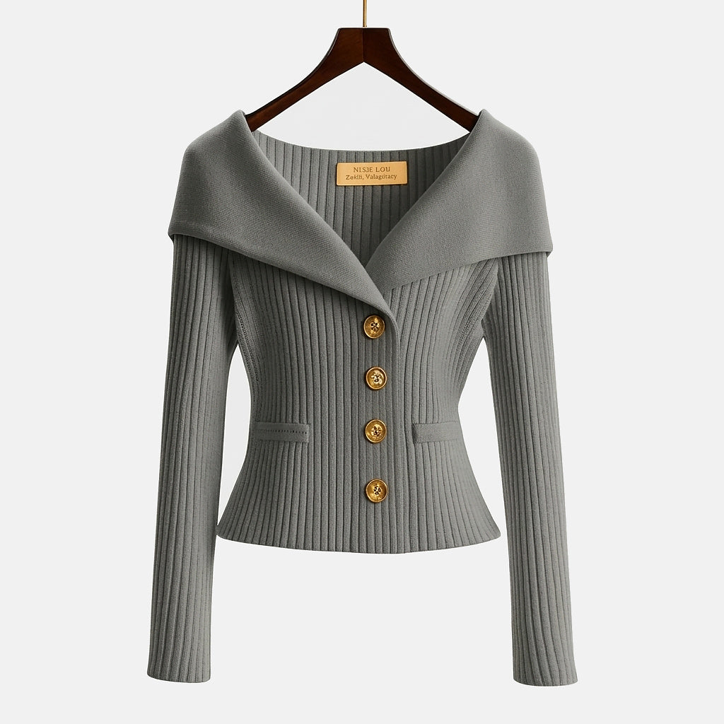Mujer Suéter de Punto Acanalado con Hombros Descubiertos y Botones Metálicos-sweater for woman-Casaluzia
