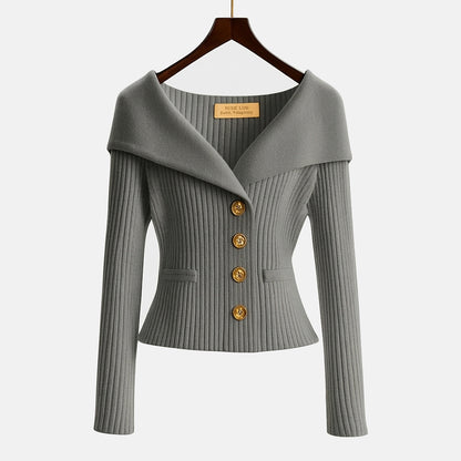 Mujer Suéter de Punto Acanalado con Hombros Descubiertos y Botones Metálicos-sweater for woman-Casaluzia