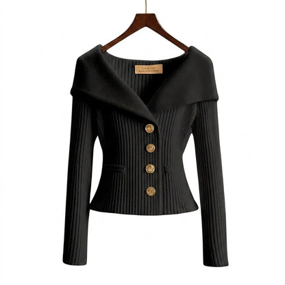 Mujer Suéter de Punto Acanalado con Hombros Descubiertos y Botones Metálicos-sweater for woman-Casaluzia