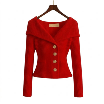 Mujer Suéter de Punto Acanalado con Hombros Descubiertos y Botones Metálicos-sweater for woman-Casaluzia