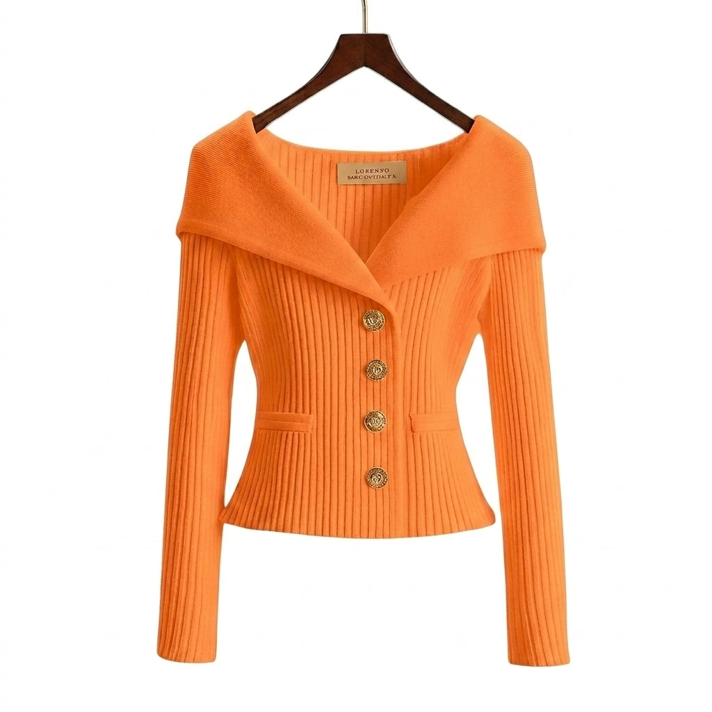 Mujer Suéter de Punto Acanalado con Hombros Descubiertos y Botones Metálicos-sweater for woman-Casaluzia