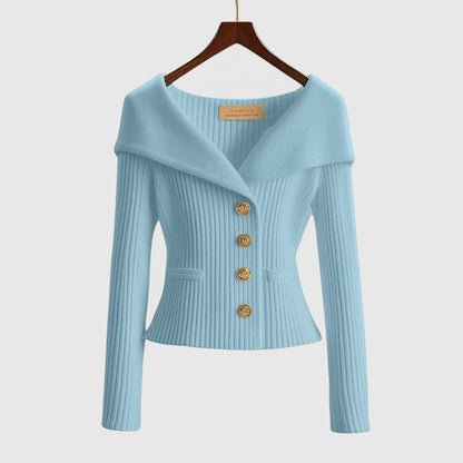 Mujer Suéter de Punto Acanalado con Hombros Descubiertos y Botones Metálicos-sweater for woman-Casaluzia