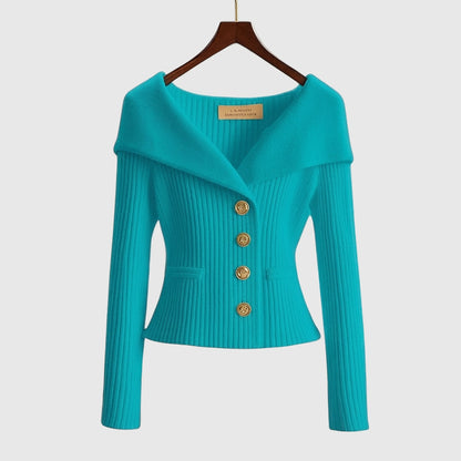 Mujer Suéter de Punto Acanalado con Hombros Descubiertos y Botones Metálicos-sweater for woman-Casaluzia