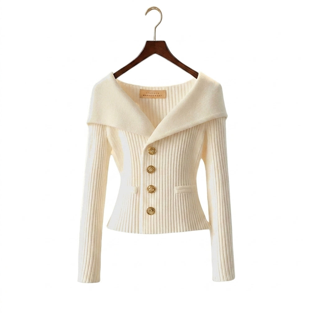 Mujer Suéter de Punto Acanalado con Hombros Descubiertos y Botones Metálicos-sweater for woman-Casaluzia