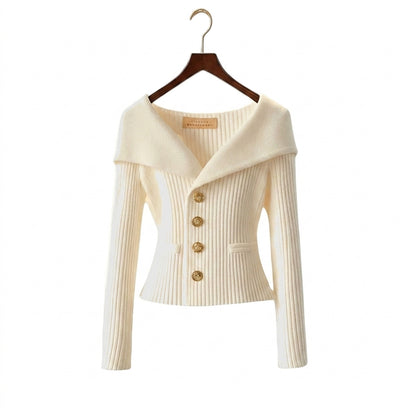 Mujer Suéter de Punto Acanalado con Hombros Descubiertos y Botones Metálicos-sweater for woman-Casaluzia