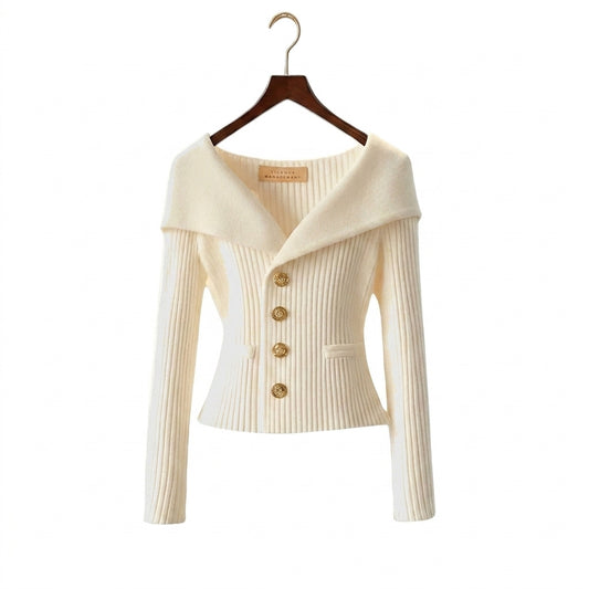 Mujer Suéter de Punto Acanalado con Hombros Descubiertos y Botones Metálicos-sweater for woman-Casaluzia