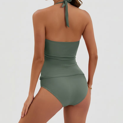 Mujer Tankini de dos piezas con cuello halter y herrajes metálicos-Swimwear for women-Casaluzia